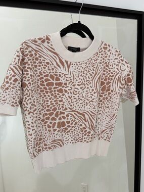AnnTaylor Petite Animal Print Sweater Top Size SP Neutral Tan Cream Short Sleeve